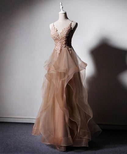 Champagner V-Ausschnitt Tüll Spitze langes Ballkleid, Champagner Abendkleid ED0719