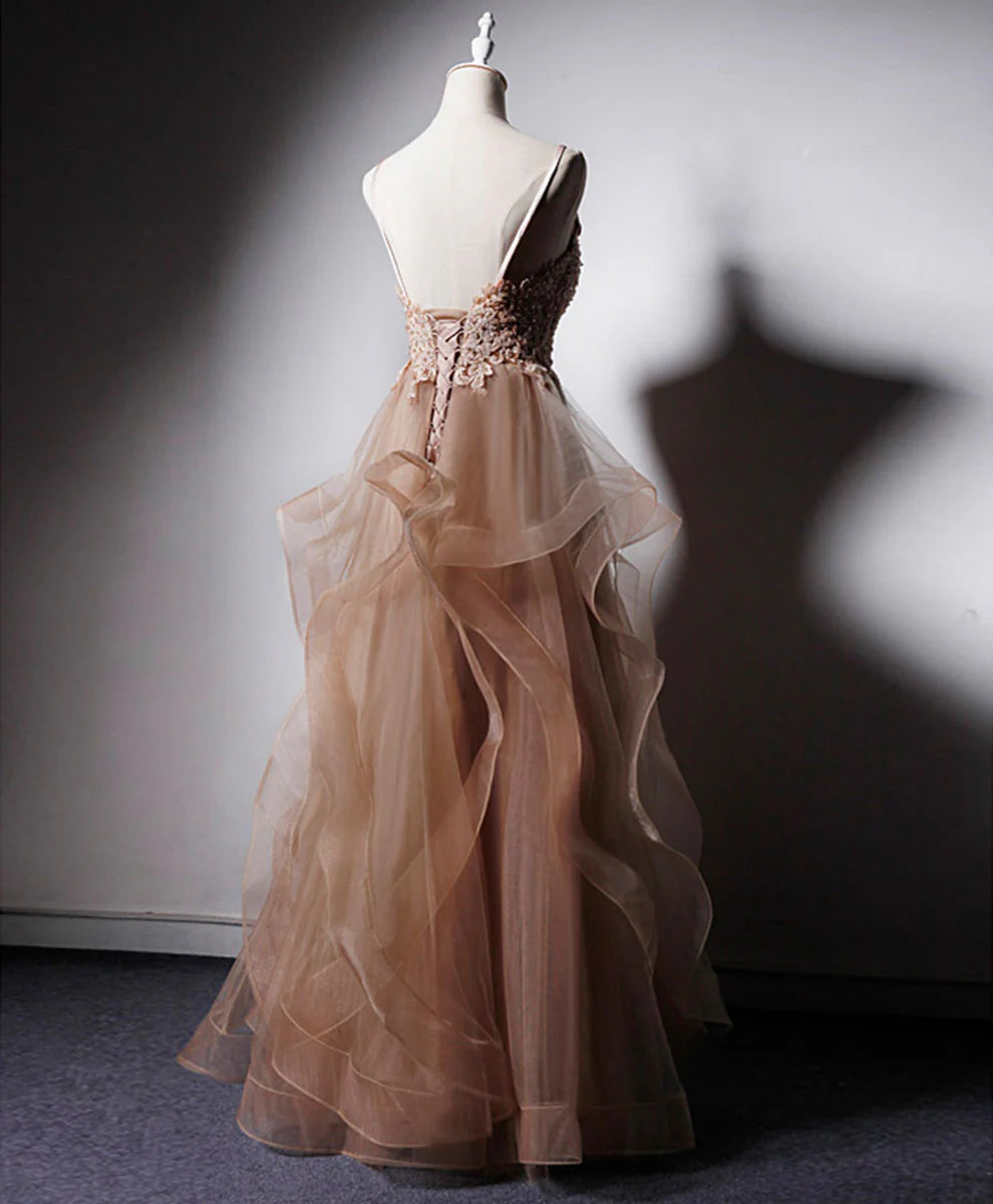 Champagner V-Ausschnitt Tüll Spitze langes Ballkleid, Champagner Abendkleid ED0719