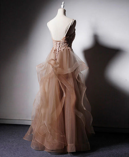 Champagner V-Ausschnitt Tüll Spitze langes Ballkleid, Champagner Abendkleid ED0719