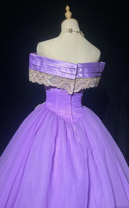 Robe de bal féerique violette en tulle perlé, épaules dénudées, coupe trapèze, idéale pour les 16 ans (ED07191)