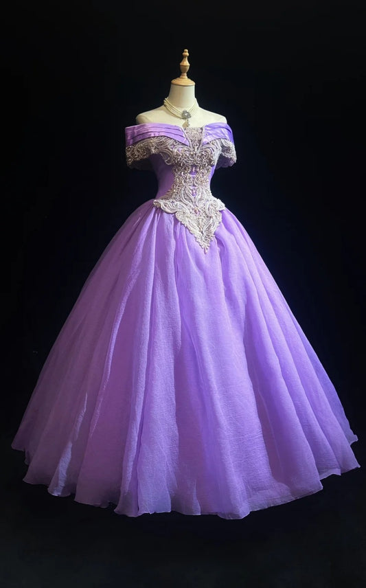 Fairy Purple Prom Dresses Beaded Tulle Off-shoulder Evening Dress A-line Sweet 16 Dress ED07191