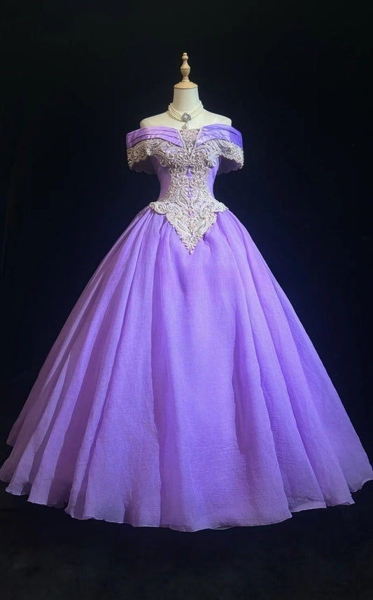 Fairy Purple Prom Dresses Beaded Tulle Off-shoulder Evening Dress A-line Sweet 16 Dress ED07191