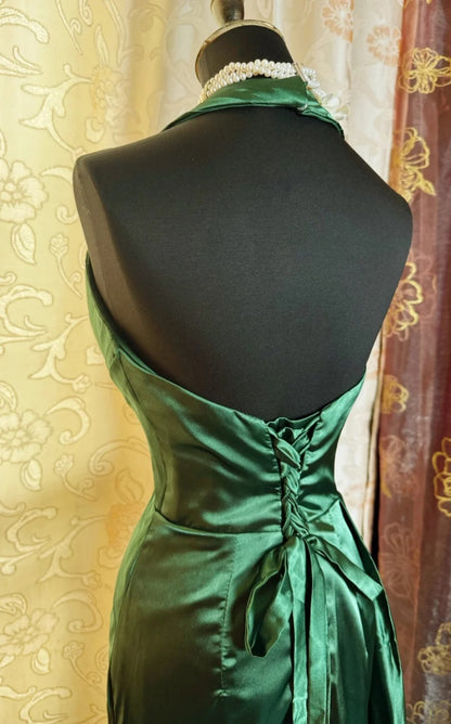 Elegant Dark Green Prom Dresses Satin Halter Long Evening Dress Sheath Birthday Dress ED07193
