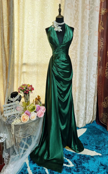 Elegant Dark Green Prom Dresses Satin Halter Long Evening Dress Sheath Birthday Dress ED07193