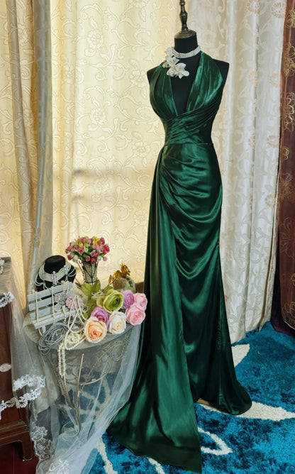 Elegant Dark Green Prom Dresses Satin Halter Long Evening Dress Sheath Birthday Dress ED07193