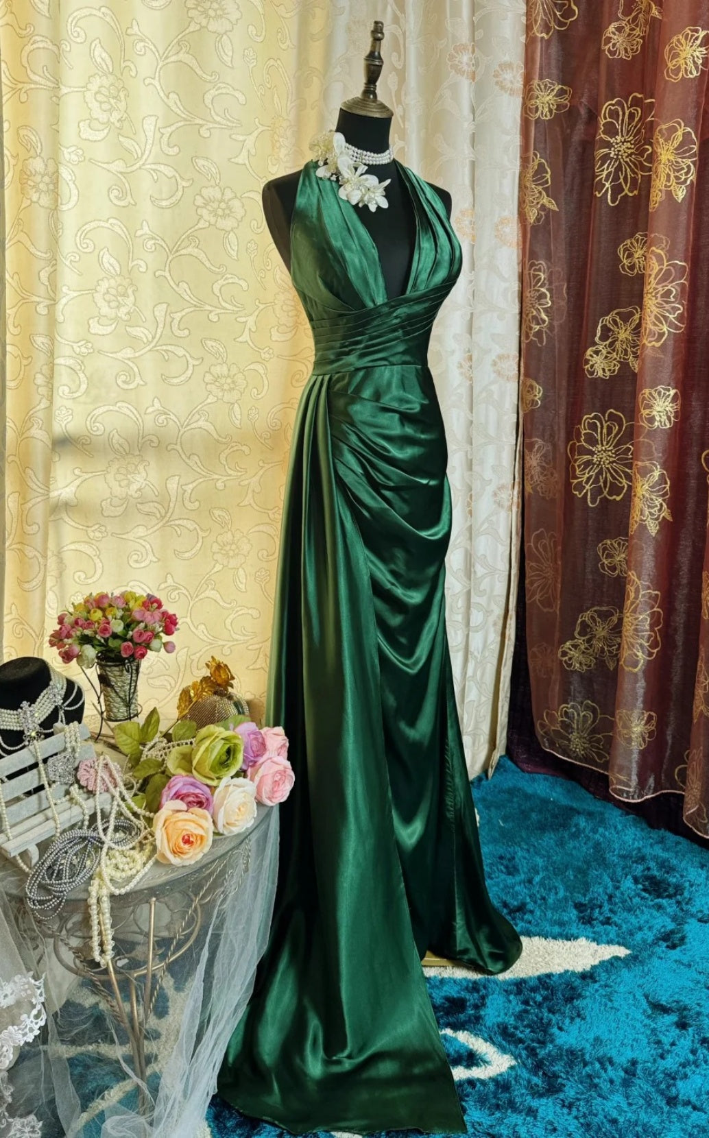 Elegant Dark Green Prom Dresses Satin Halter Long Evening Dress Sheath Birthday Dress ED07193