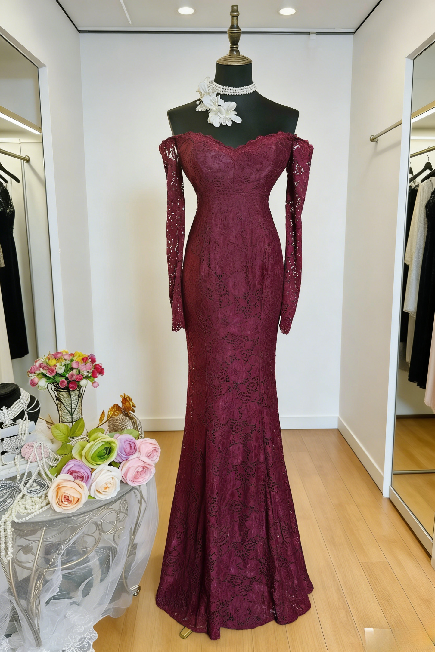 Elegant Grape Prom Dresses Lace Off-shoulder Long Evening Dress Mermaid Sleeves Birthday Dress ED07194