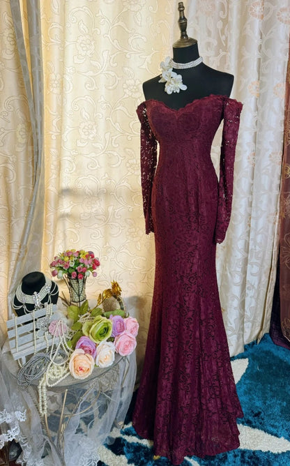 Elegant Grape Prom Dresses Lace Off-shoulder Long Evening Dress Mermaid Sleeves Birthday Dress ED07194