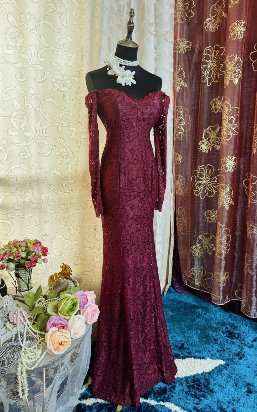 Elegant Grape Prom Dresses Lace Off-shoulder Long Evening Dress Mermaid Sleeves Birthday Dress ED07194
