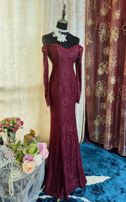 Elegant Grape Prom Dresses Lace Off-shoulder Long Evening Dress Mermaid Sleeves Birthday Dress ED07194