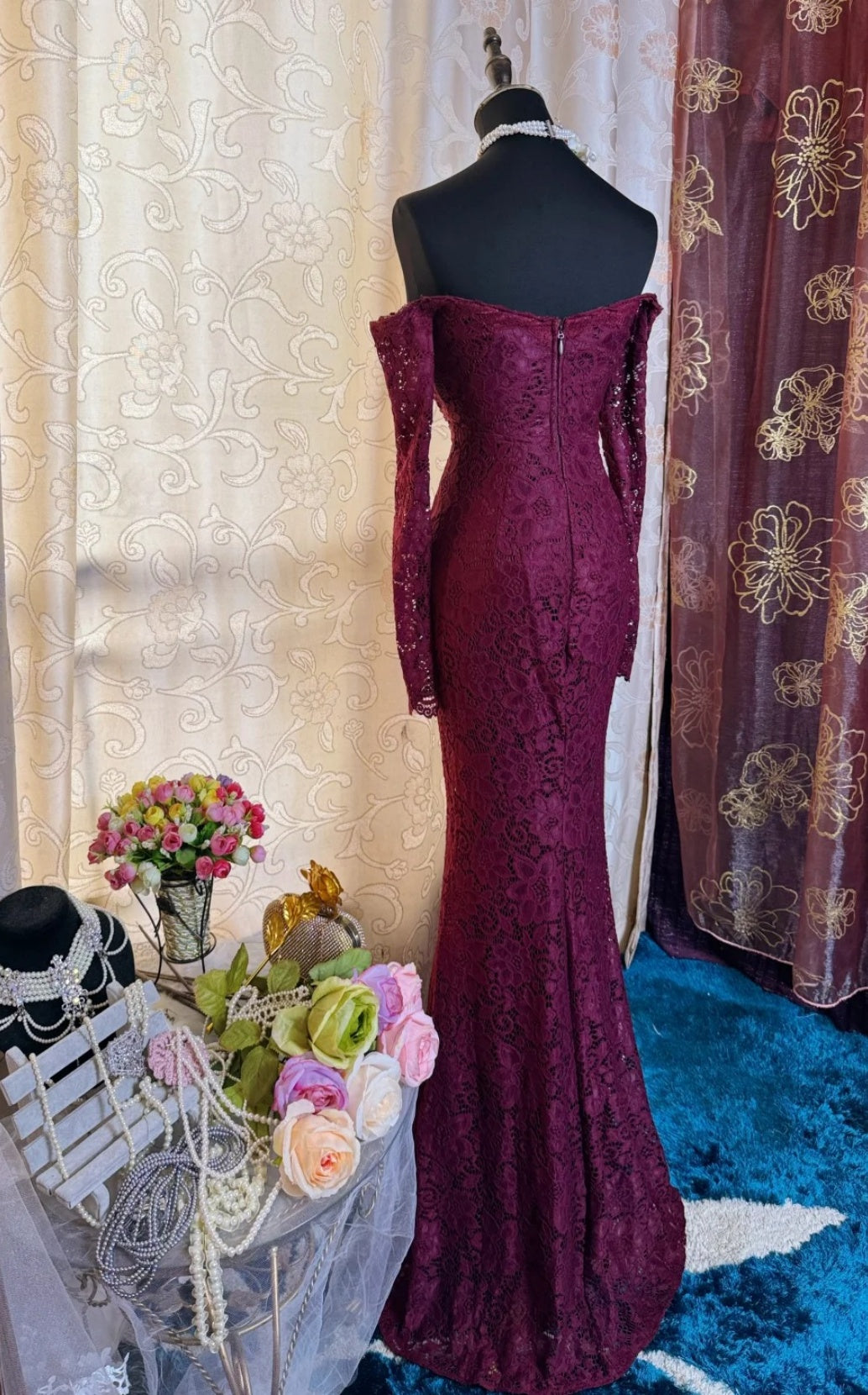 Elegant Grape Prom Dresses Lace Off-shoulder Long Evening Dress Mermaid Sleeves Birthday Dress ED07194