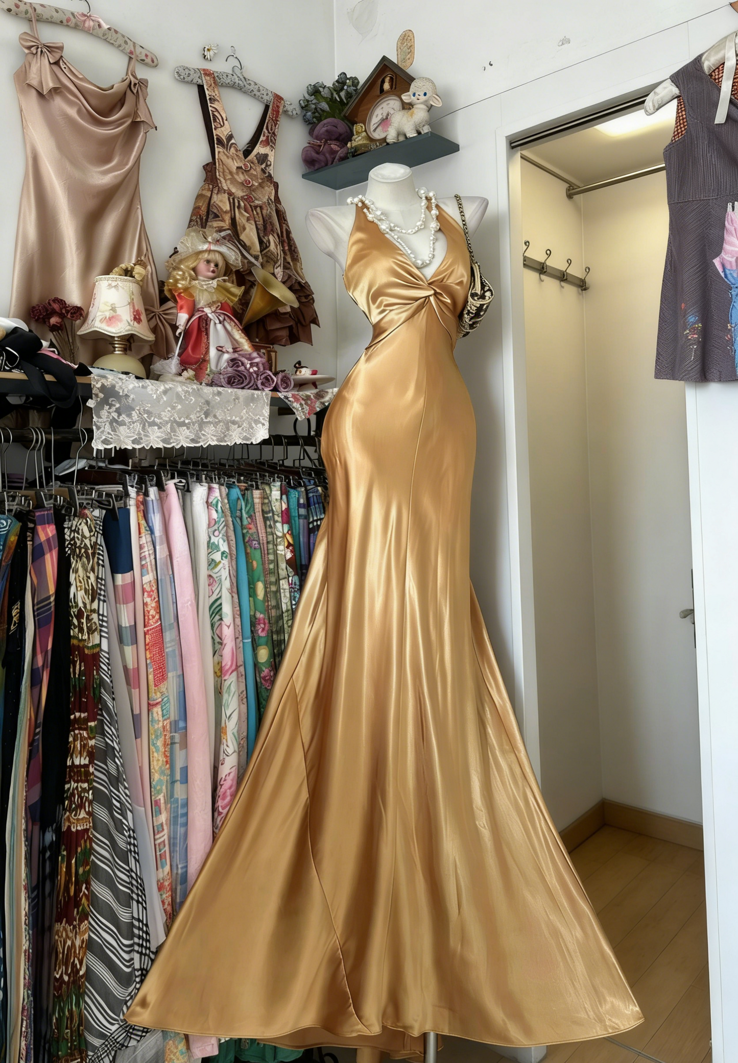 Elegant Gold Prom Dresses Satin Halter Long Evening Dress Sheath Backless Birthday Dress ED07195