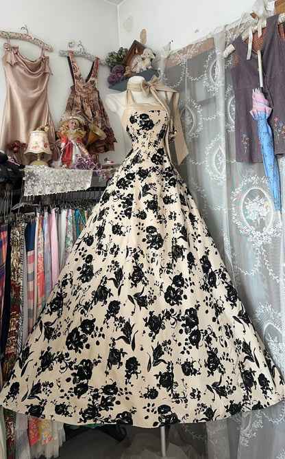 Robe de bal élégante couleur champagne, imprimé satin dos nu, robe de soirée longue trapèze, robe d'anniversaire ED07196