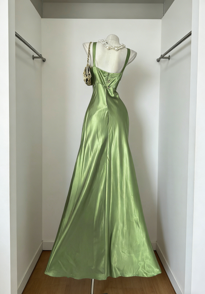 Robe de bal verte élégante en satin, col en V, robe de soirée longue fourreau, robe d'anniversaire ED07197