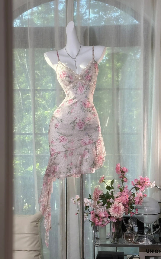 Elegant Pink Prom Dresses Printed Lace Spaghetti Straps Short Evening Dress Sheath Birthday Dress ED07198