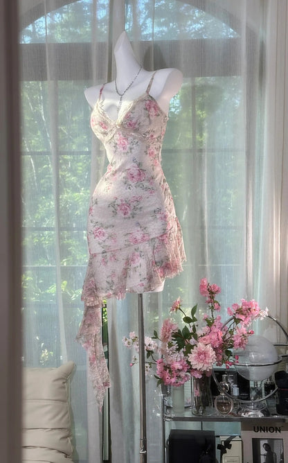 Robe de bal rose élégante, imprimée, en dentelle, à fines bretelles, courte, fourreau, idéale pour un anniversaire (ED07198)