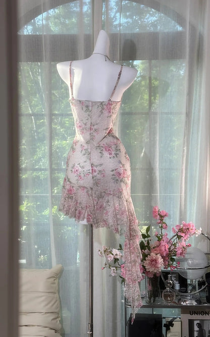 Robe de bal rose élégante, imprimée, en dentelle, à fines bretelles, courte, fourreau, idéale pour un anniversaire (ED07198)