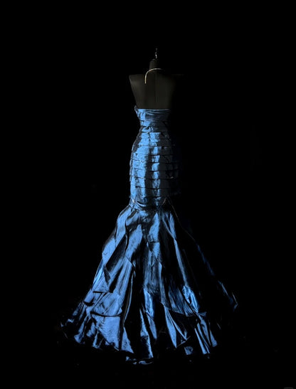 Robe de bal bleu marine chic, robe de soirée longue sans bretelles en satin, robe sirène d'anniversaire ED07199