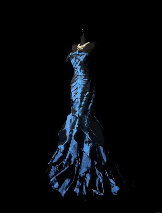 Chic Navy Blue Prom Dresses Satin Strapless Long Evening Dress Mermaid Birthday Dress ED07199