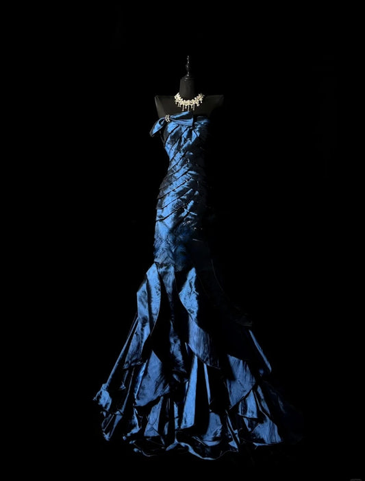 Chic Navy Blue Prom Dresses Satin Strapless Long Evening Dress Mermaid Birthday Dress ED07199