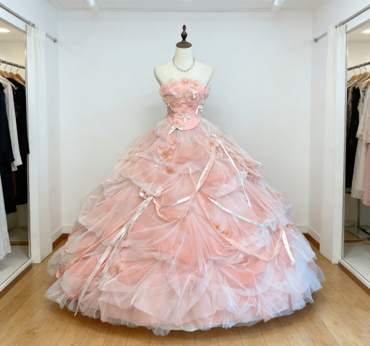 Fairy Pink Prom Dresses Tulle Strapless Long Quinceanera Dress A-Line Birthday Dress ED07200