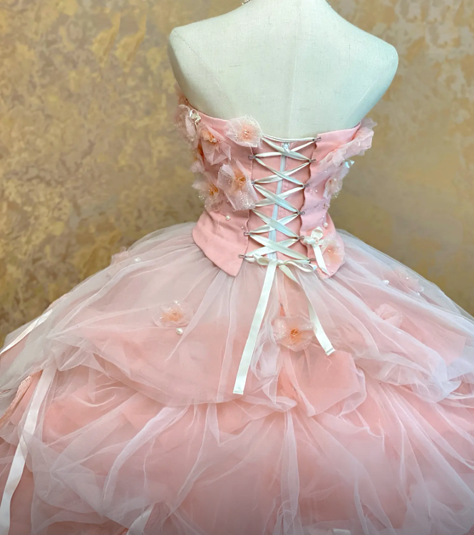 Robe de bal rose féerique en tulle sans bretelles, longue robe de quinceañera, robe d'anniversaire trapèze ED07200