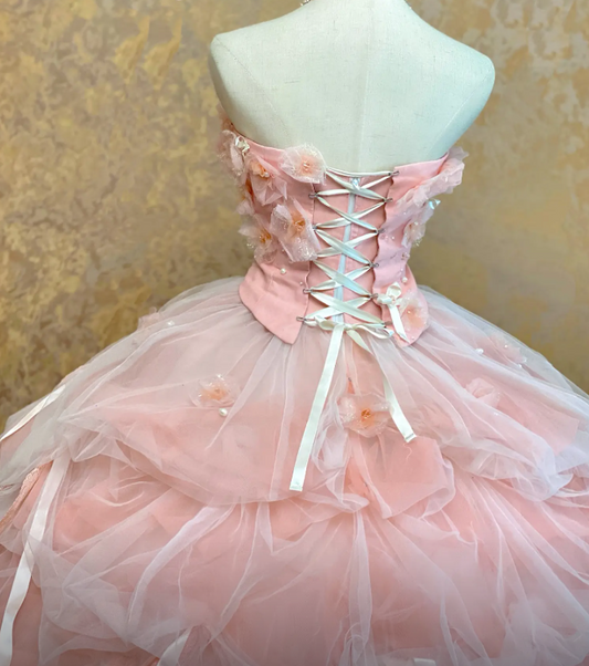 Fairy Pink Prom Dresses Tulle Strapless Long Quinceanera Dress A-Line Birthday Dress ED07200