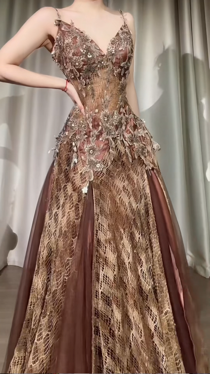 Fairy Brown Prom Dresses Sheath Appliques Chiffon Spaghetti Straps Long Evening Dress ED07202