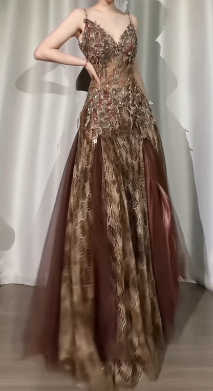 Fairy Brown Prom Dresses Sheath Appliques Chiffon Spaghetti Straps Long Evening Dress ED07202