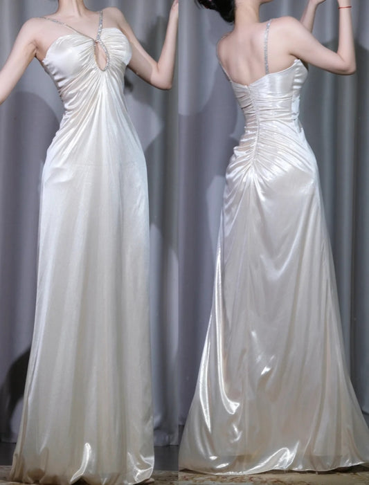 Elegant White Prom Dresses Sheath Satin V-neck Long Evening Dress ED07203