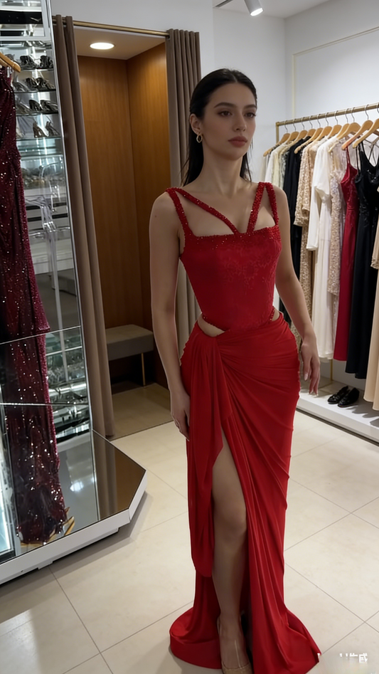 Elegant Long Red Prom Dresses Satin Straps Birthday Dress Sheath Evening Dress With Slit ED07206