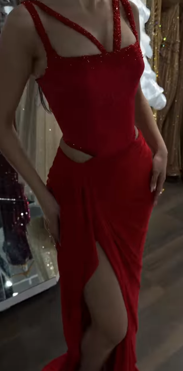 Elegant Long Red Prom Dresses Satin Straps Birthday Dress Sheath Evening Dress With Slit ED07206