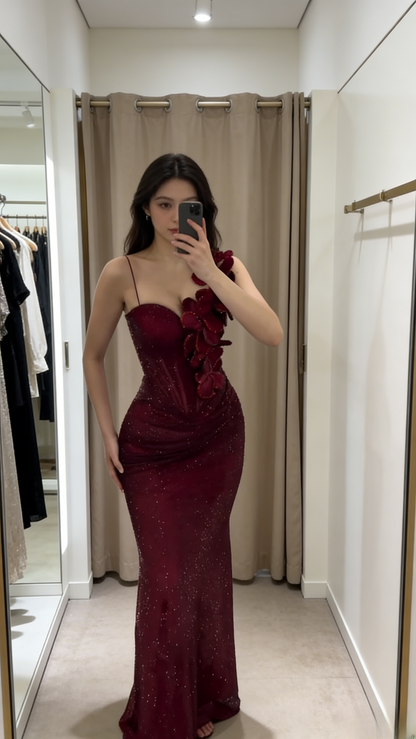 Elegant Long Burgundy Prom Dresses Glitter Spaghetti Straps Birthday Dress Sheath Evening Dress ED07207