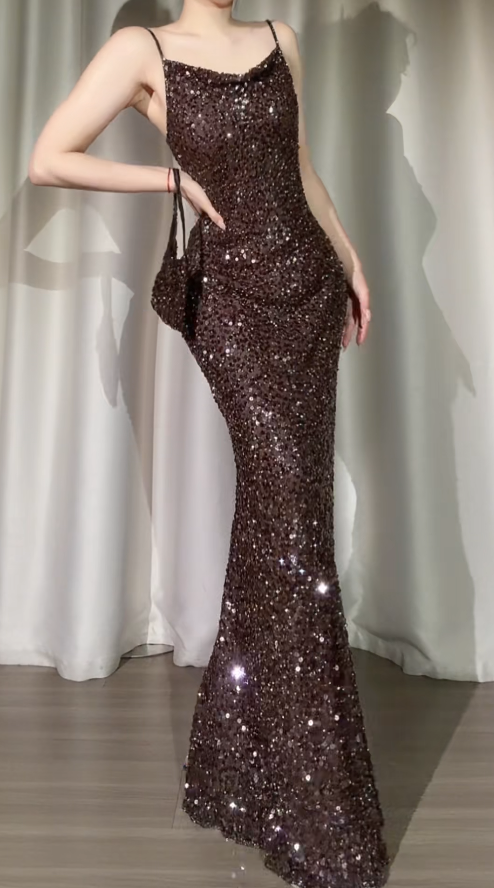 Chic Brown Prom Dresses Sequins Spaghetti Straps Birthday Dress Sheath Long Evening Dress ED07209