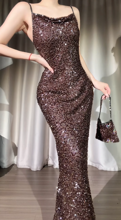 Chic Brown Prom Dresses Sequins Spaghetti Straps Birthday Dress Sheath Long Evening Dress ED07209