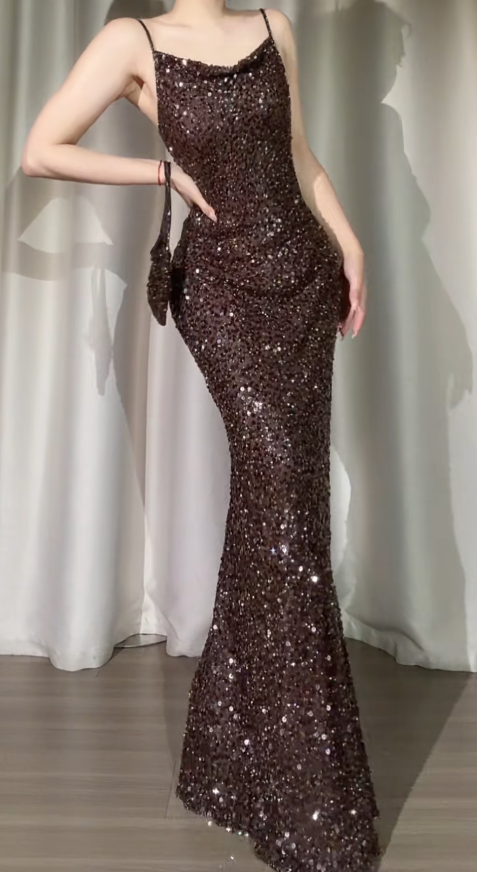 Robe de bal marron chic à sequins et fines bretelles, robe fourreau longue pour anniversaire, robe de soirée ED07209