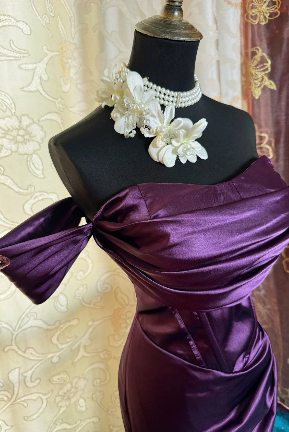Robe de bal violette chic en satin à épaules dénudées, robe fourreau longue de soirée ED07211