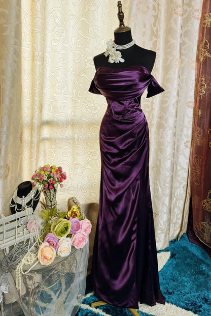 Robe de bal violette chic en satin à épaules dénudées, robe fourreau longue de soirée ED07211