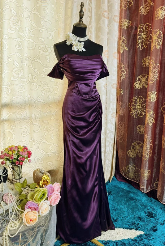 Chic Purple Prom Dresses Satin Off-shoulder Birthday Dress Sheath Long Evening Dress ED07211