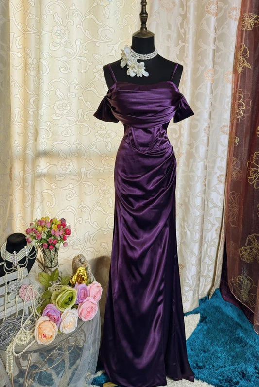 Chic Purple Prom Dresses Satin Off-shoulder Birthday Dress Sheath Long Evening Dress ED07211