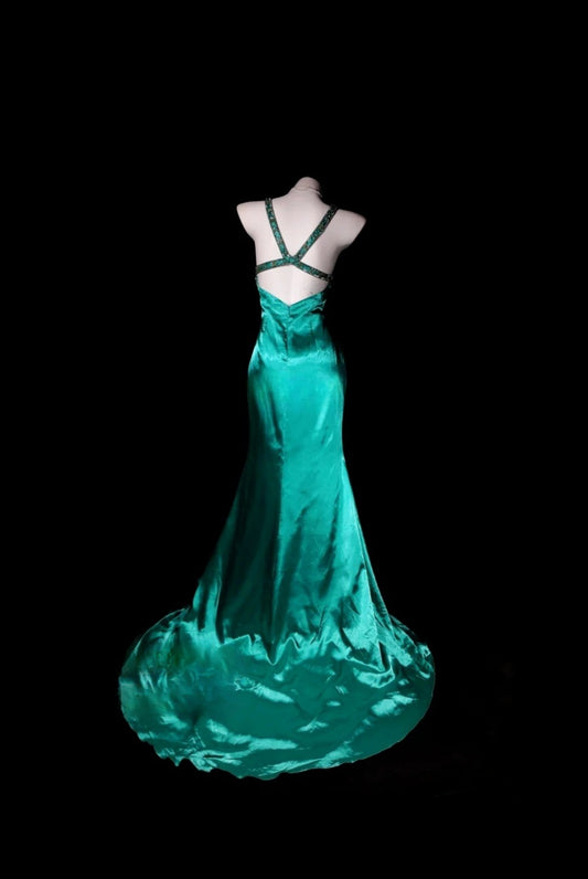 Chic Turquoise Prom Dresses Satin V-neck Birthday Dress Sheath Long Evening Dress ED07212