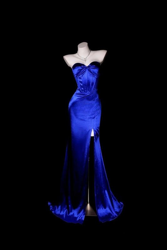 Chic Royal Blue Prom Dresses Satin Sweetheart Birthday Dress Sheath Long Evening Dress ED07213
