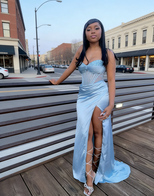 Chic Blue Prom Dresses Satin Beaded Sweetheart Birthday Dress Sheath Long Evening Dress  ED07214