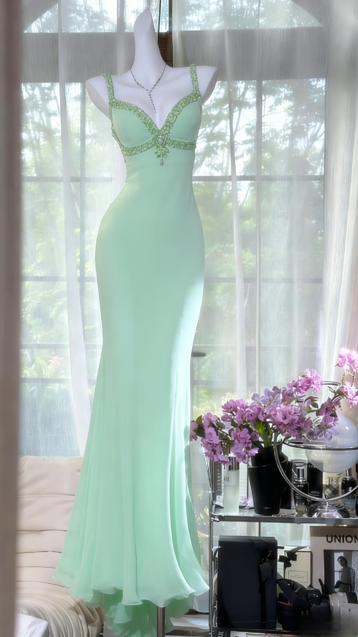Chic Mint Green Prom Dresses Beaded Chiffon Mermaid Long Evening Dress Spaghetti Straps Birthday Dress ED07217