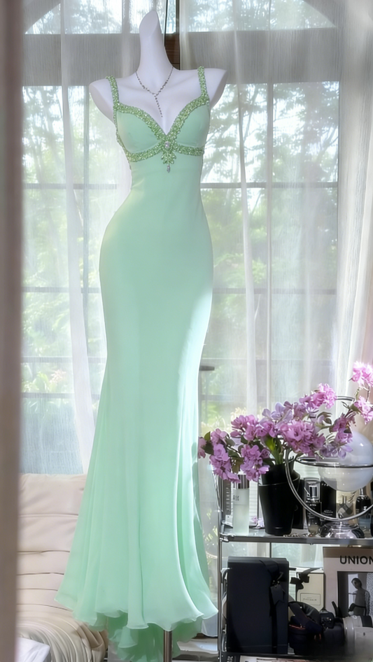 Chic Mint Green Prom Dresses Beaded Chiffon Mermaid Long Evening Dress Spaghetti Straps Birthday Dress ED07217