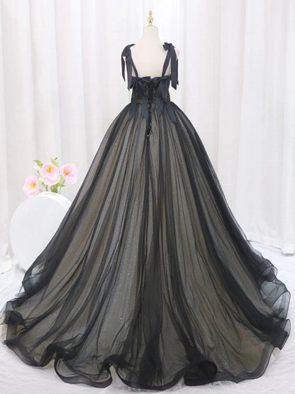 Robe de bal longue trapèze en tulle et dentelle noire, robe de soirée longue noire ED0722