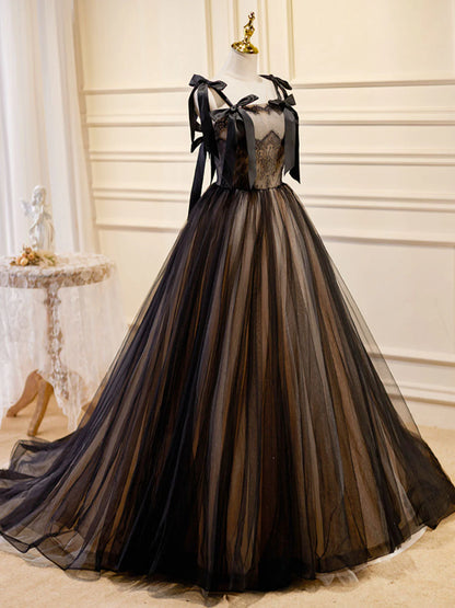 Robe de bal longue trapèze en tulle et dentelle noire, robe de soirée longue noire ED0722