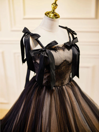 Robe de bal longue trapèze en tulle et dentelle noire, robe de soirée longue noire ED0722