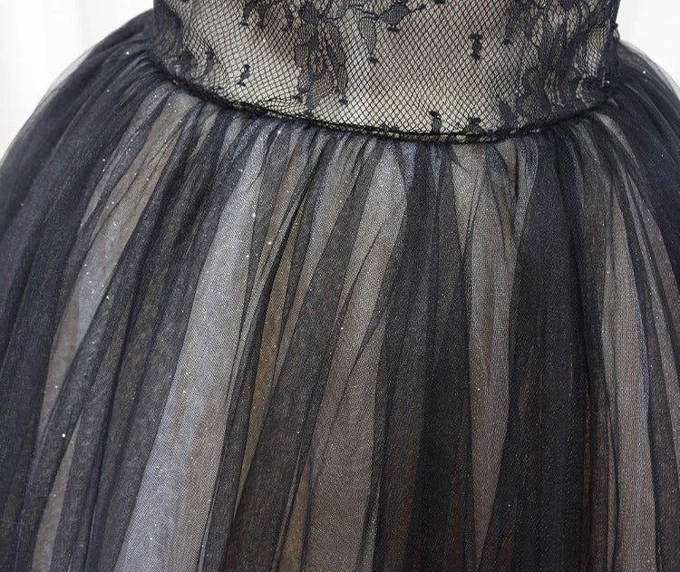 Robe de bal longue trapèze en tulle et dentelle noire, robe de soirée longue noire ED0722