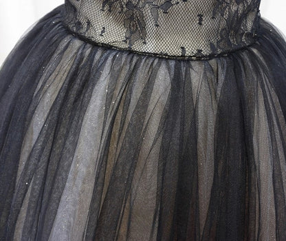 Robe de bal longue trapèze en tulle et dentelle noire, robe de soirée longue noire ED0722